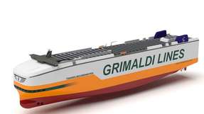 
        So soll es aussehen: ein RoRo-Schiff der Grimaldi-Gruppe, das speziell für den Transport von Pkw und Lkw ausgelegt ist und künftig mit Ammoniak fahren soll. (Foto: Grimaldi Gruppe)
      